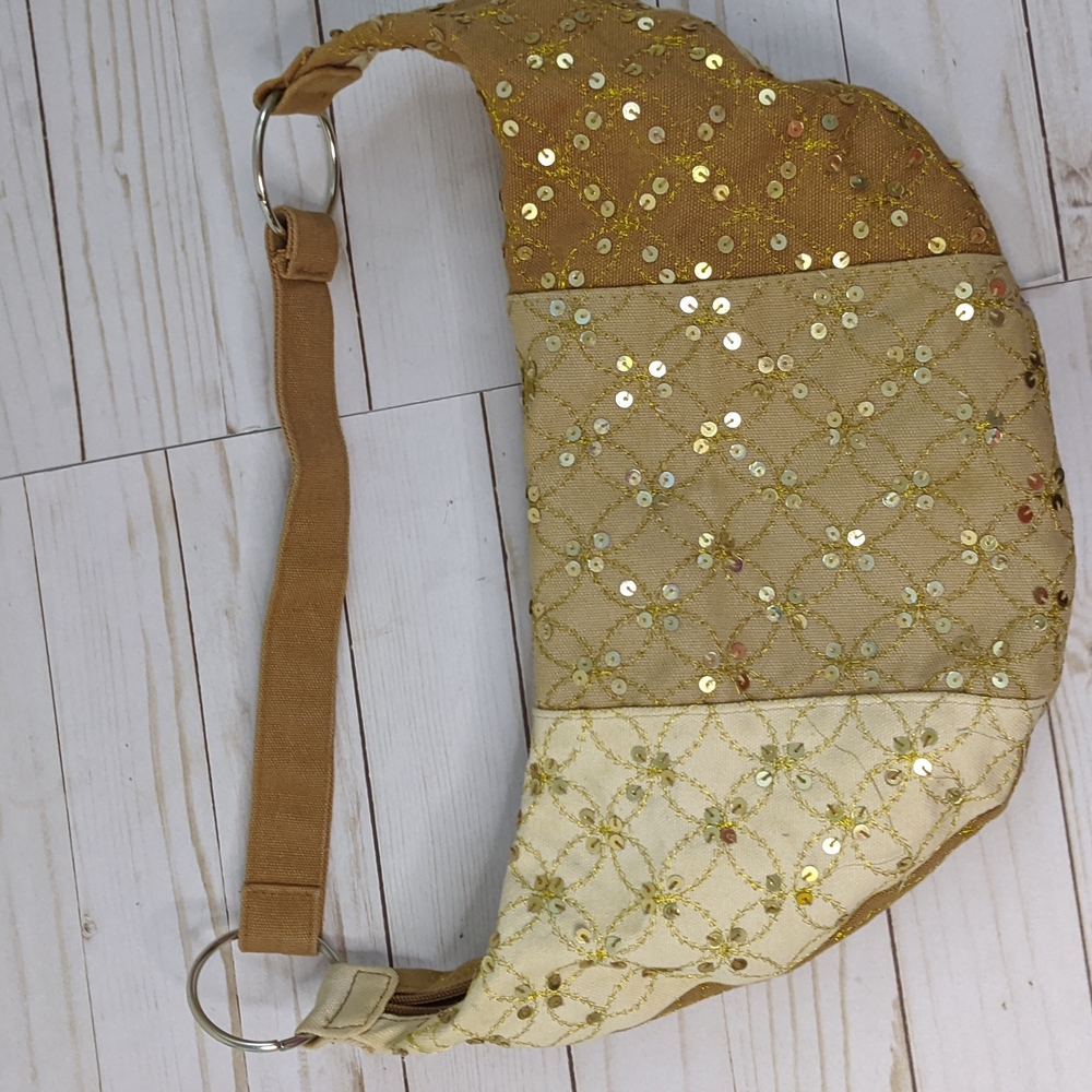 Gold Sequin Shoulder Canvas Hobo Bag 11" Strap